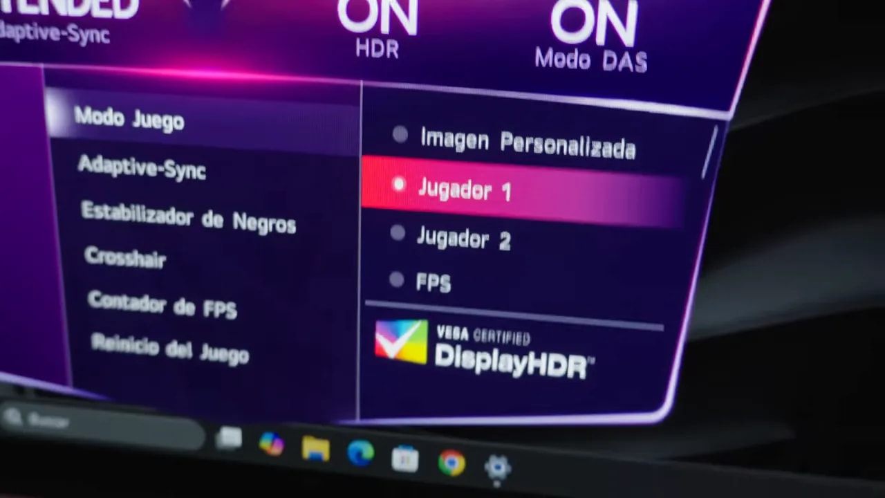 Menú OSD del LG 27GX790A mostrando “Jugador 1” en modo HDR con certificación DisplayHDR