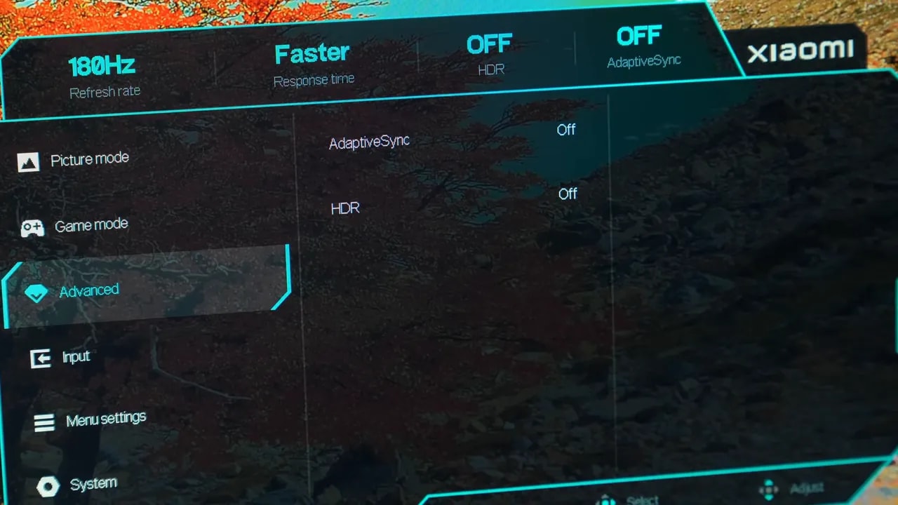 Menú OSD del Xiaomi G27Qi mostrando opciones de HDR y modos de respuesta