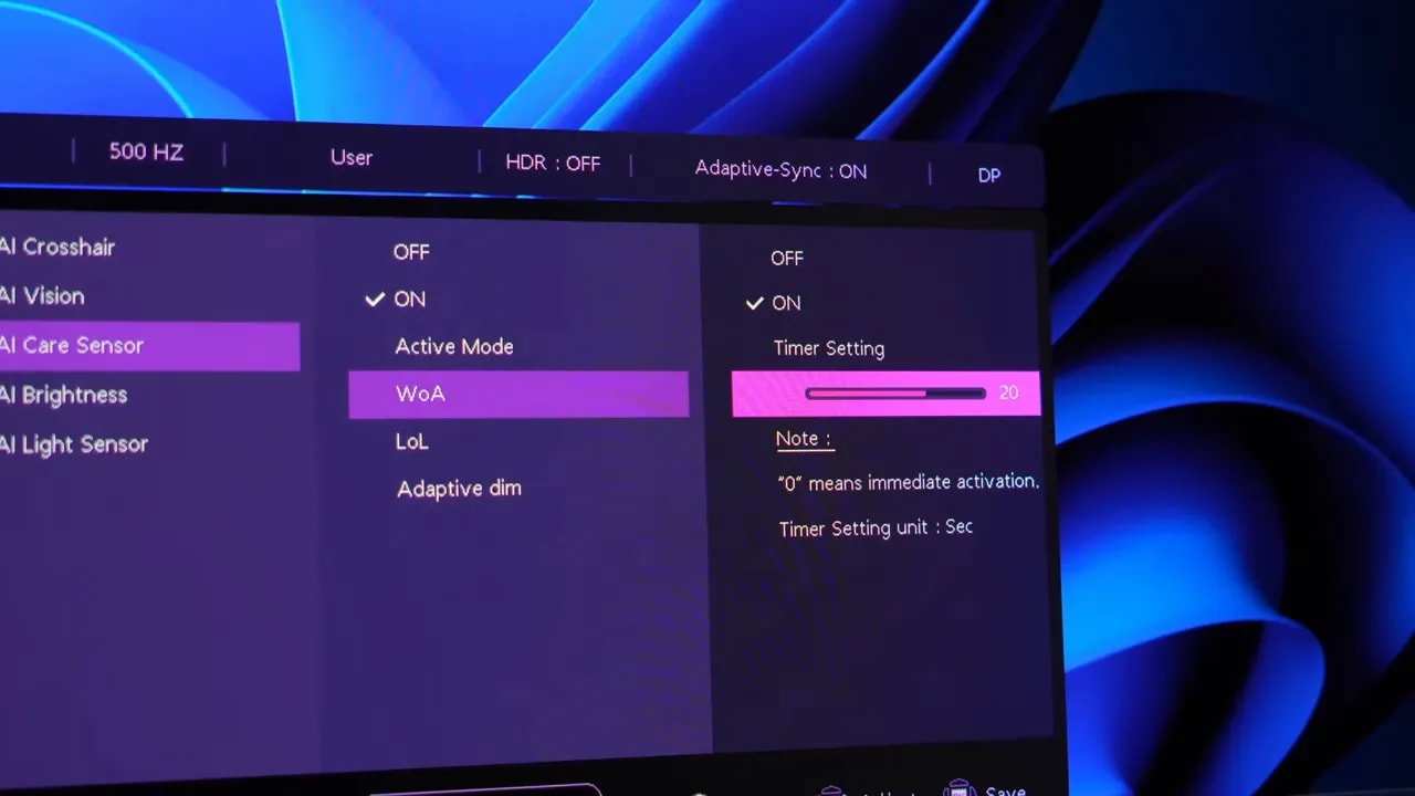 Detalle de “Timer Setting” del AI Care Sensor en el OSD del MSI MPG 271QR X50