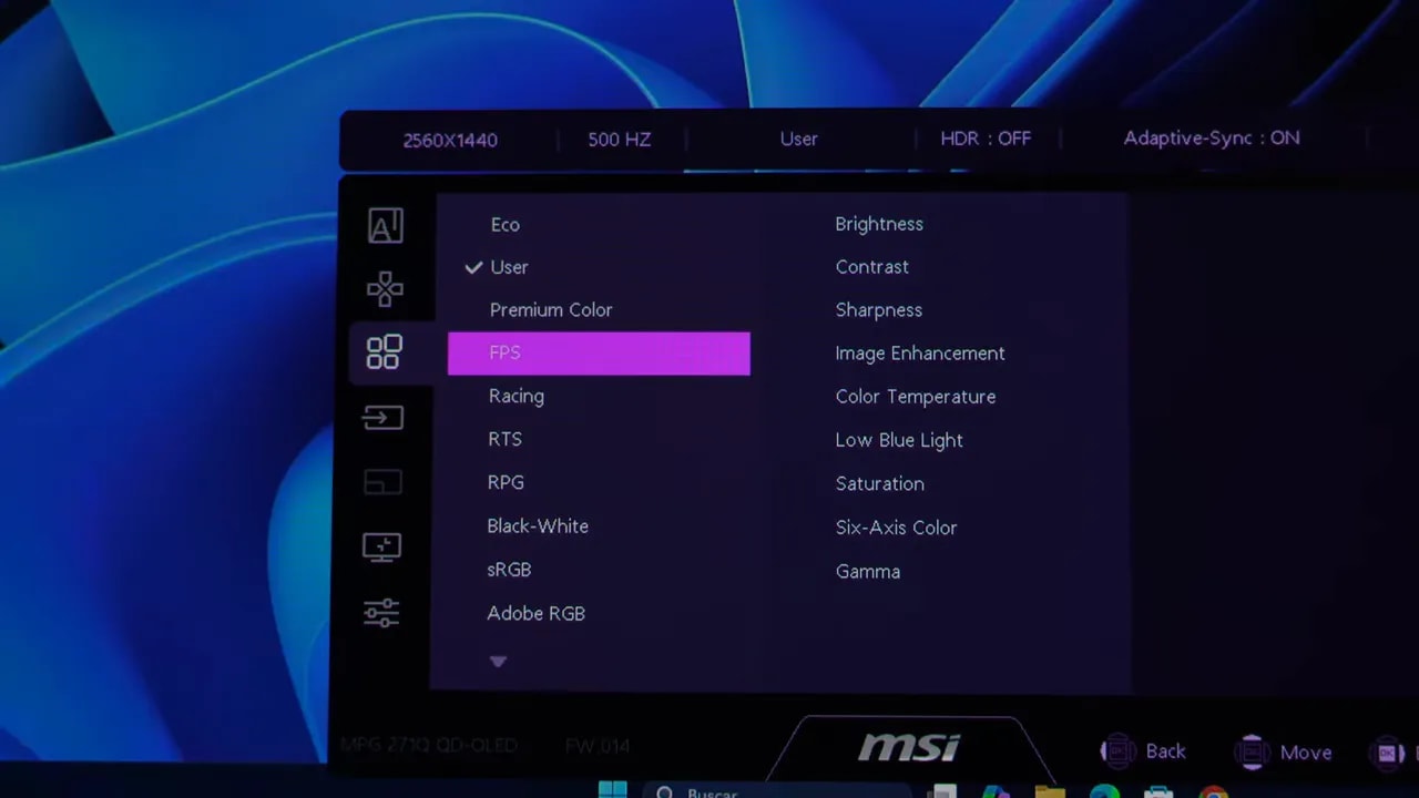 OSD del MSI MPG 271QR X50 mostrando el modo Usuario con 2560x1440, 500 Hz y opciones de color y gamma