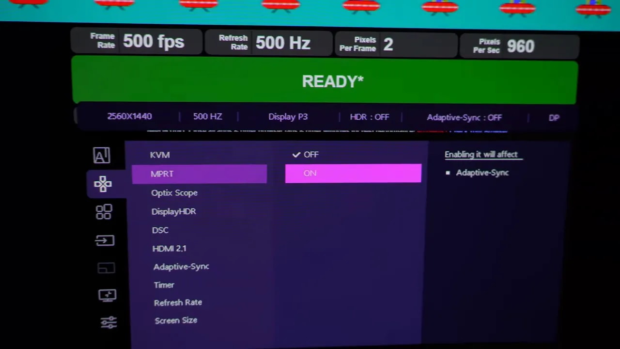 Menú OSD del MSI MPG 271QR X50 con MPRT activado a 500 Hz