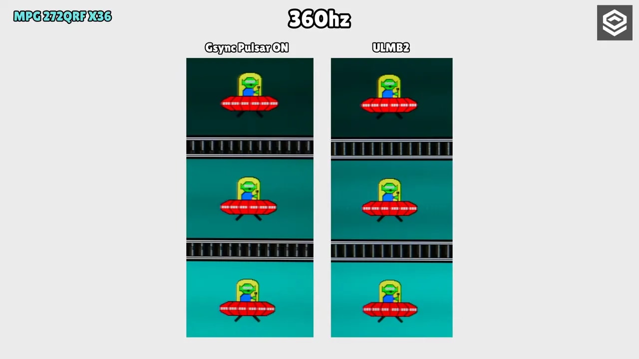 Captura de prueba de claridad de movimiento del MSI MPG 272QRF 360 Hz comparando G-SYNC Pulsar y perfiles Weak, Normal, Strong, Stronger y Extreme