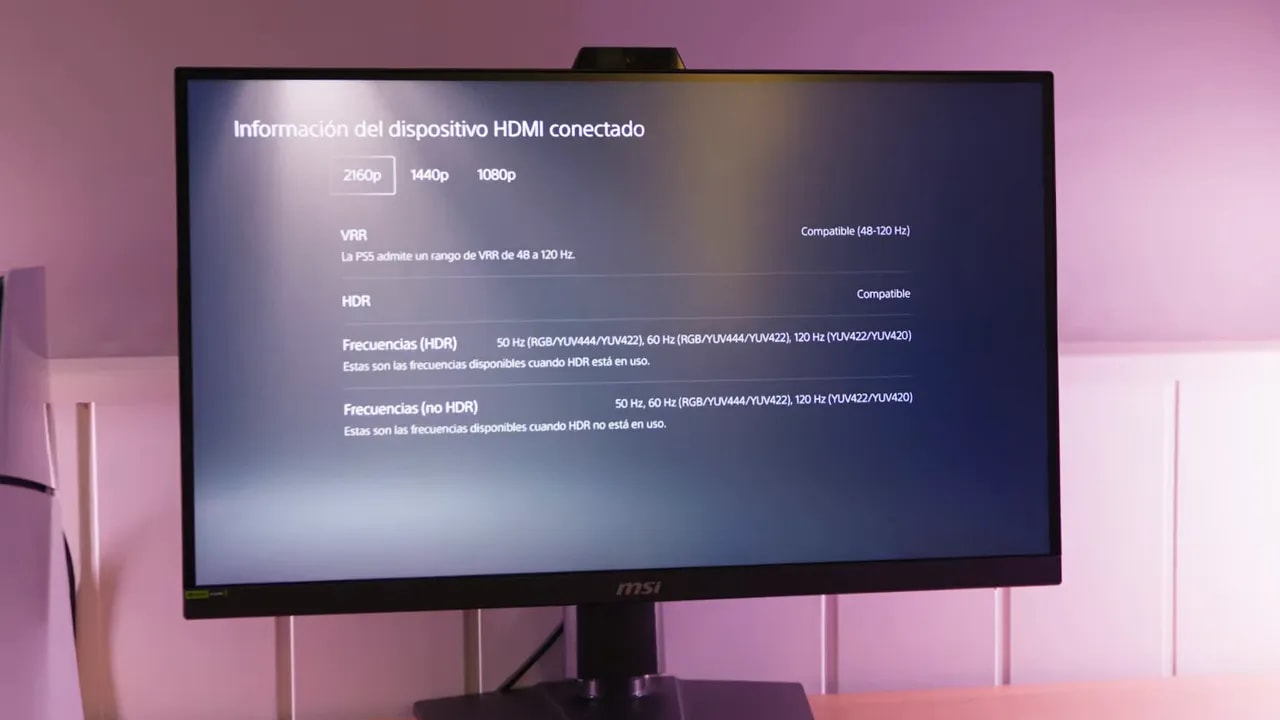 Información del dispositivo HDMI con rangos VRR y frecuencias compatibles en el MSI MPG 272QRF X36