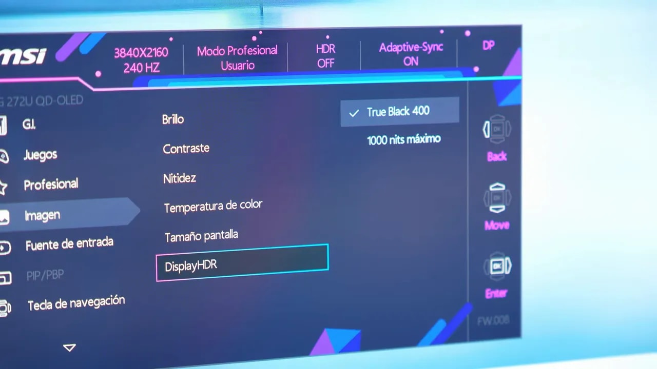 Menú del MSI MPG 272URX con “True Black 400” y ajustes de HDR y DisplayHDR
