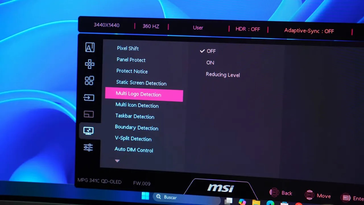 OSD del MSI MPG 341CQR X36 mostrando OLED Care 3.0 con Pixel Shift y Panel Protect activados