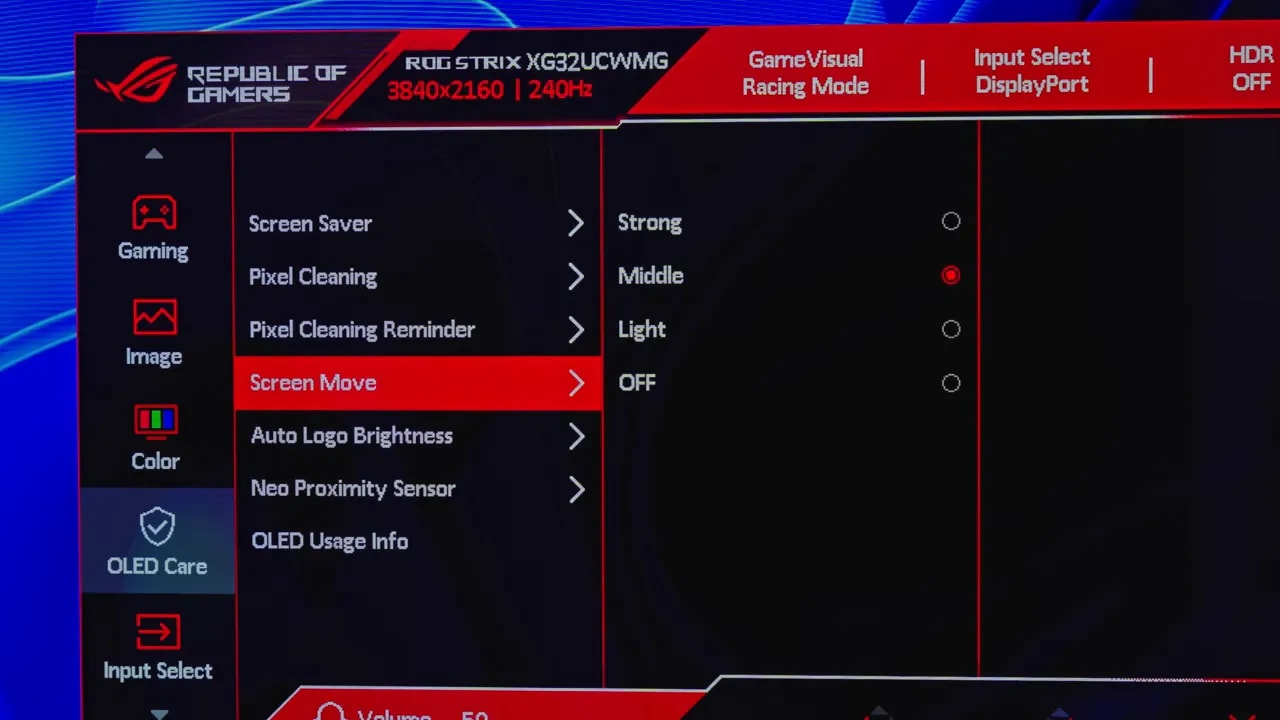 Ajuste Neo Proximity Sensor en OLED Care del ASUS ROG XG32UCWMG con opciones Strong, Middle y Light