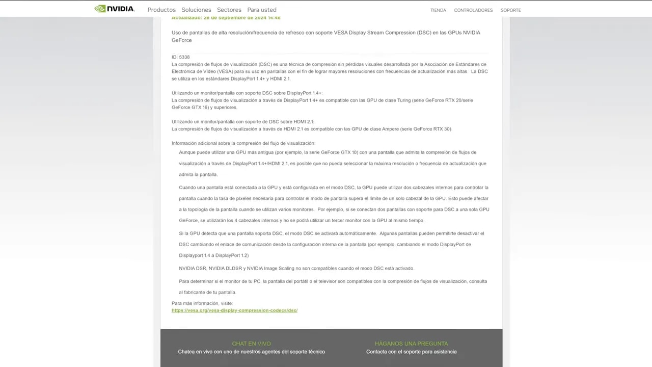 Documento técnico de NVIDIA sobre VESA DSC y compatibilidad con altas resoluciones y refresco