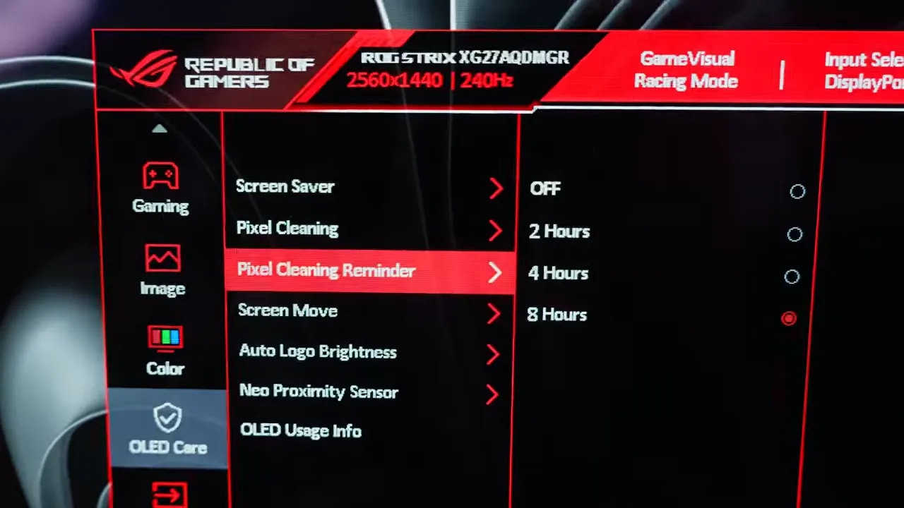 Ajustes OLED Care en ASUS ROG XG27AQDMGR con opciones de limpieza y tiempos antiquemados