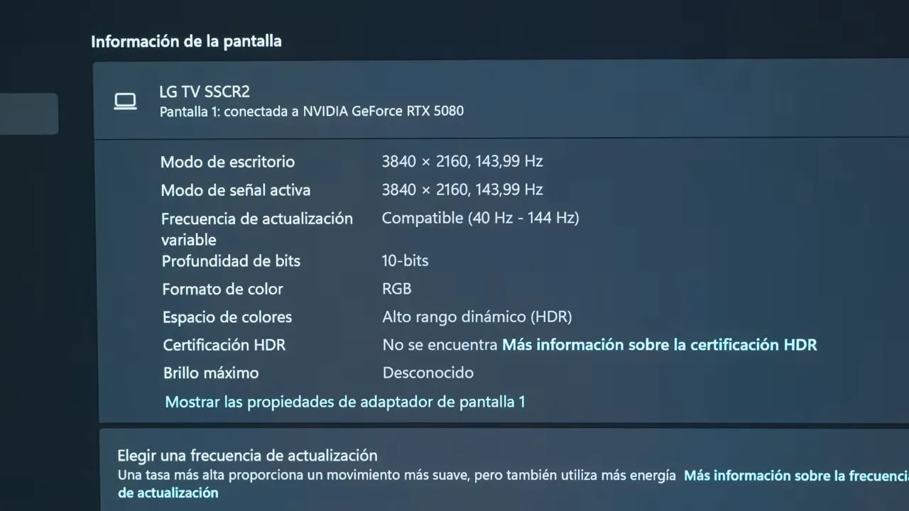 Menú del optimizador de juegos de la LG C5 OLED 42 con indicadores de FPS y VRR