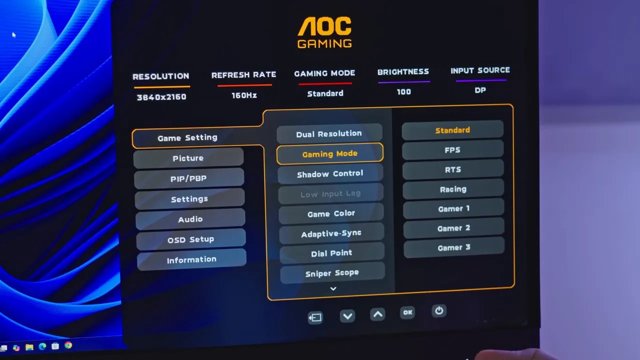 Menú OSD del AOC U27G4R con Dual Resolution y modo Standard seleccionado