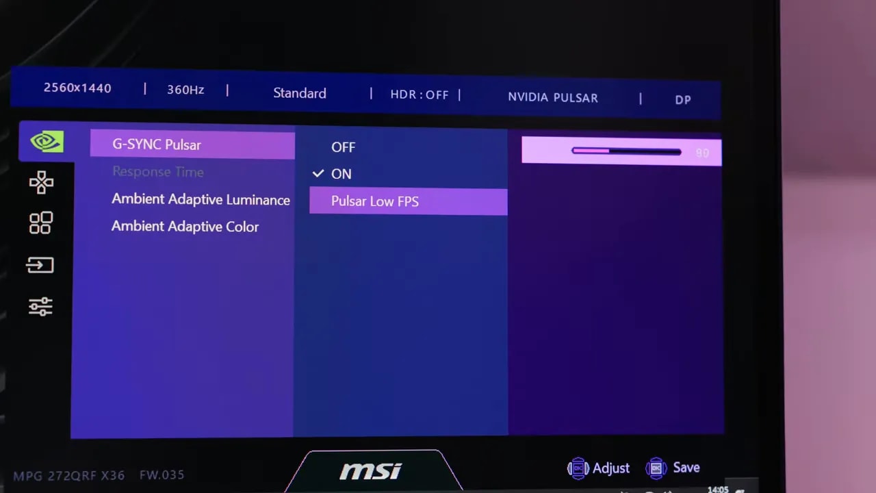 Menú OSD del MSI MPG 272QRF X36 con G-SYNC Pulsar activado y opción Low FPS
