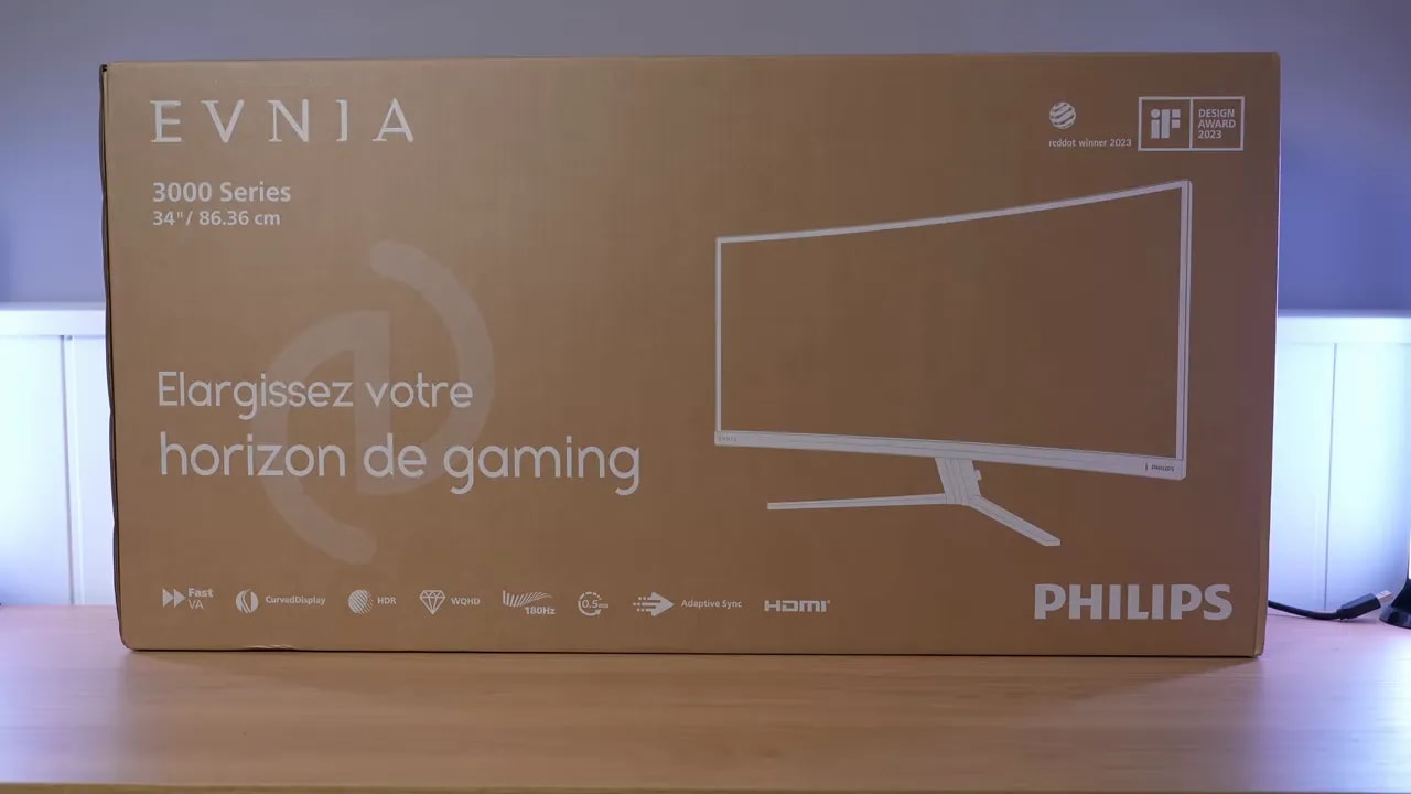 Caja del Philips Evnia 34M2C3500L en el unboxing