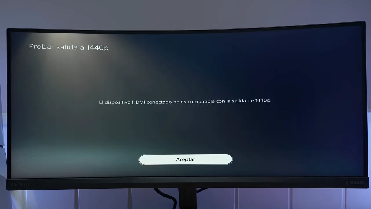 Pantalla del Philips Evnia 34M2C3500L mostrando error al intentar “Probar salida a 1440p”