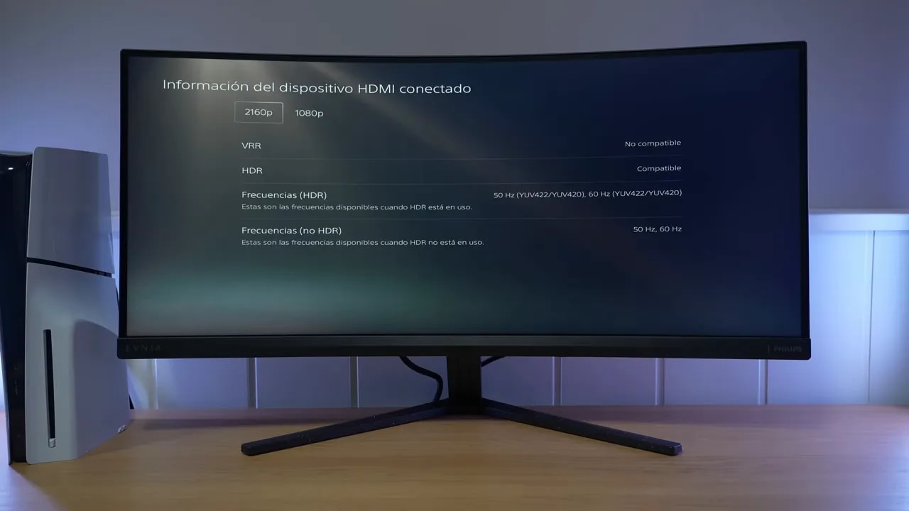 Philips Evnia 34M2C3500L con menú de información HDMI conectado mostrando compatibilidad VRR y HDR