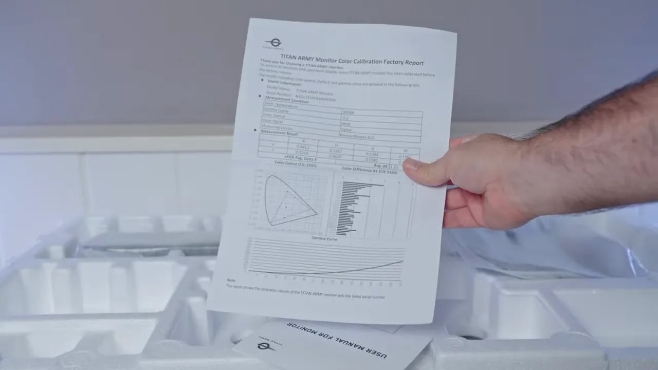 Reporte de calibración de fábrica del monitor Titan Army P2710S con gráficos y curvas de color