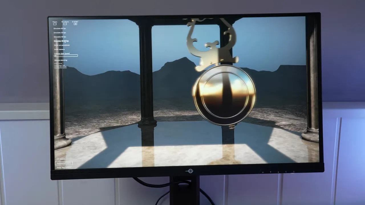Monitor Titan Army P2510S Plus en prueba con escena de test para evaluar Adaptive Sync y parpadeos
