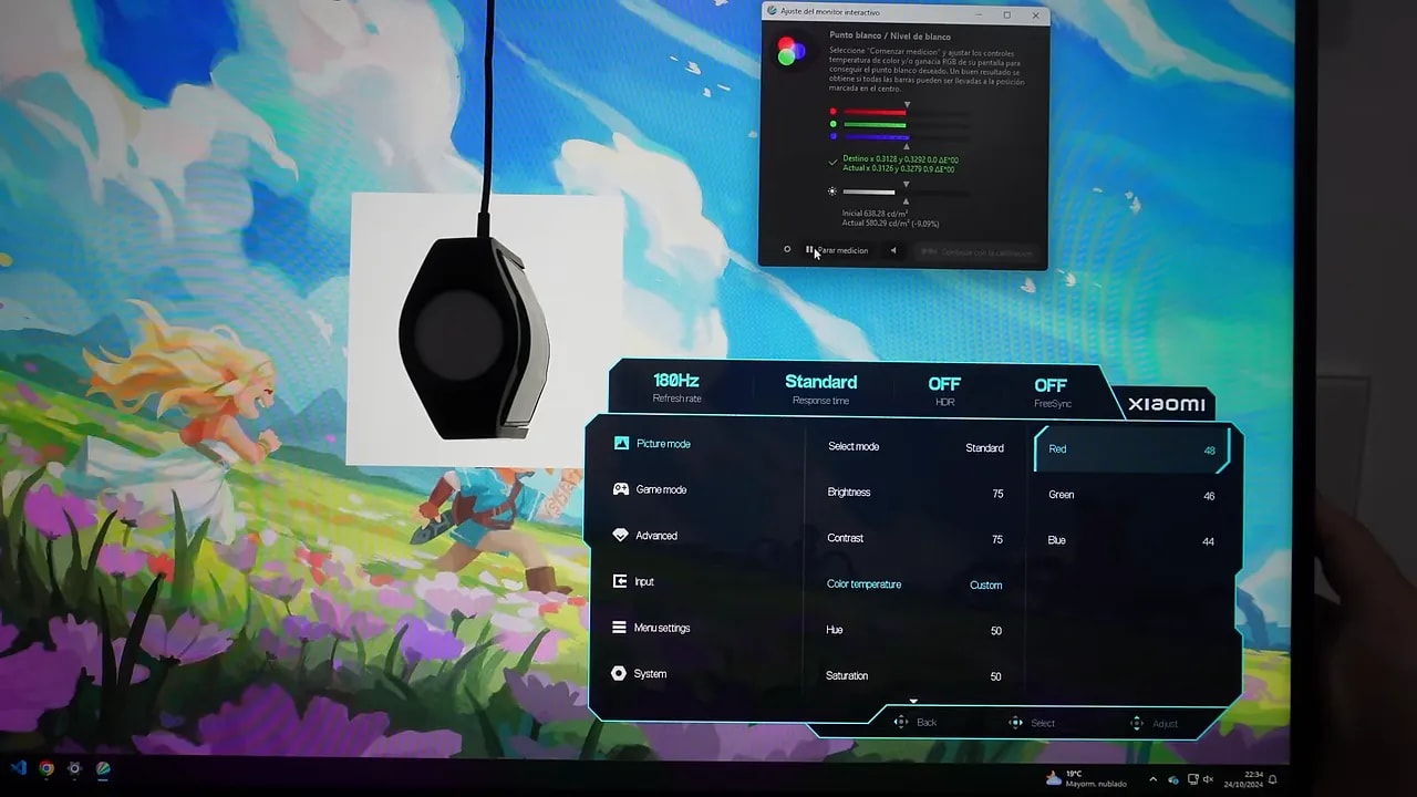 Menú OSD del Xiaomi Mini LED G Pro 27i con ajustes avanzados de color RGB a 180 Hz