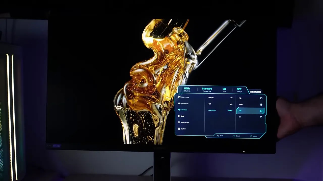 Pantalla del Xiaomi G Pro 27i con menú OSD mostrando local dimming en HDR High