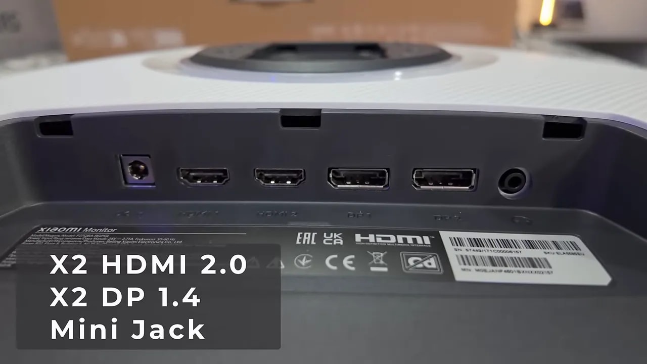Puertos de conexión HDMI 2.0, DisplayPort 1.4 y minijack del Xiaomi Mini LED G Pro 27i