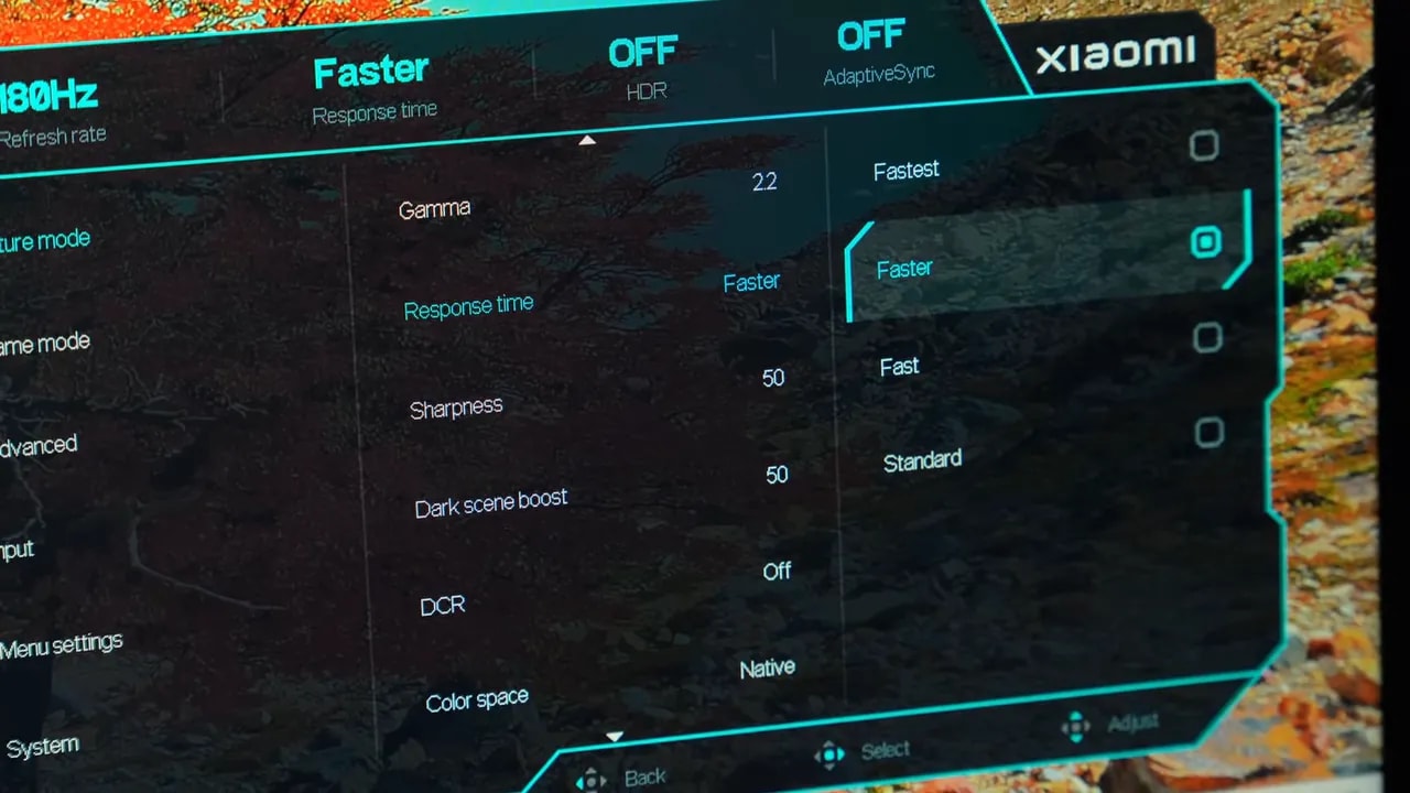 Menú OSD del Xiaomi G27Qi con modos de respuesta Faster, Fast y Fastest