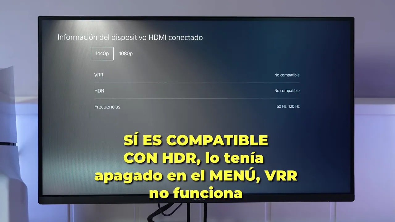 Pantalla del Xiaomi G27Qi con información HDMI mostrando VRR y HDR como no compatibles en PS5