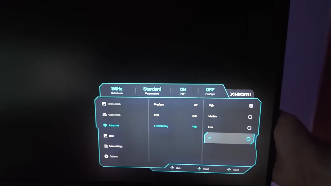 Pantalla de ajustes del Xiaomi Mini LED G Pro 27i con local dimming y modos de imagen