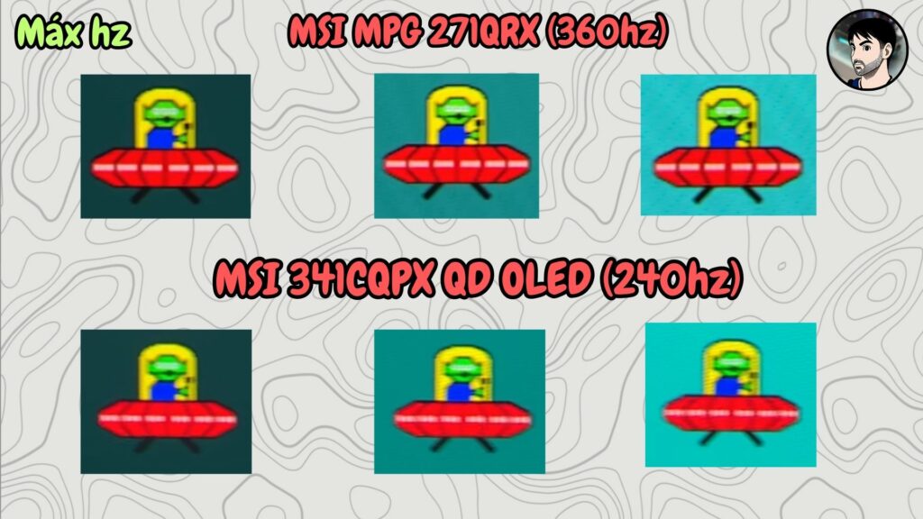 MSI MPG 271QRX · UFO · 360 Hz against 341CQPX 240 Hz